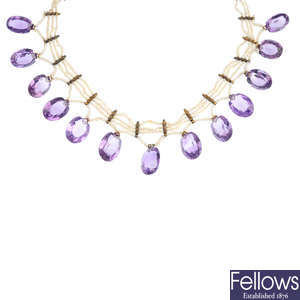 An amethyst and seed pearl necklace.