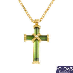 THEO FENNELL - an 18ct gold tourmaline and diamond 'Lief' cross pendant.