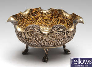 An Indian white metal oval bowl.