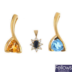 Seven gem-set pendants and pair of sapphire earrings.