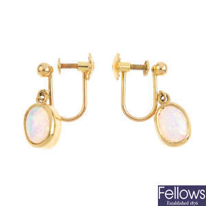 A pair of synthetic opal earrings.