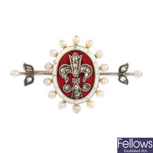 A late Victorian diamond, seed pearl and enamel bar brooch.