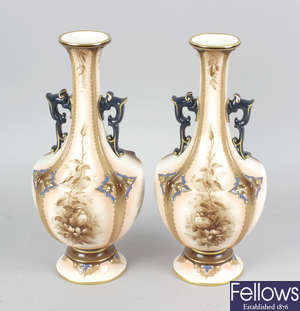 A pair of Hadleyâ€™s Worcester faience vases.