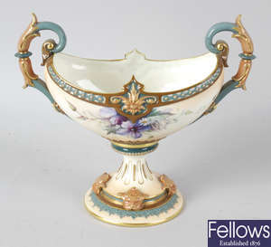 A Royal Worcester Hadley ware bone china pedestal dish on stand.