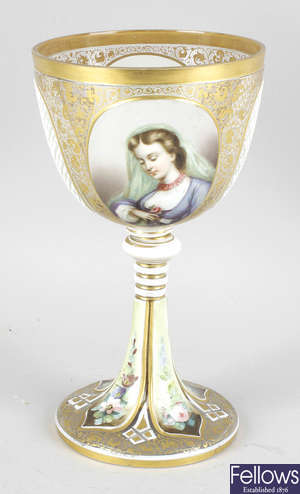 A Bohemian overlay white glass goblet.