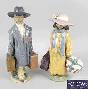 A pair of Lladro pottery figurines, two Luigi Fabris figurines and a pair of continental figurines.