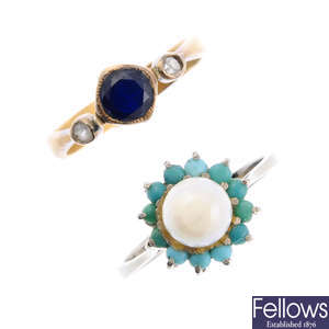 A pearl and turquoise ring and a sapphire and diamond ring.