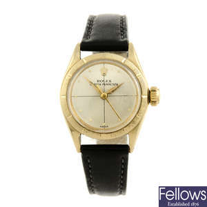 ROLEX - a lady's yellow metal Oyster Perpetual 'Zephyr' wrist watch.