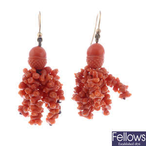 A pair of coral earrings.