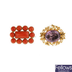 Two mid to late 19th century gold gem-set brooches.