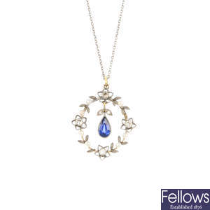 An Edwardian sapphire, seed pearl and diamond pendant, with chain.