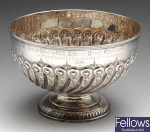A late Victorian silver footed bowl with presentation engravings.