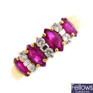 An 18ct gold ruby four-stone and diamond ring.