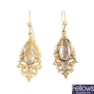 A pair of mid 19th century gold rock crystal earrings.