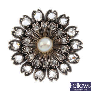 A mid Victorian diamond and cultured pearl brooch.