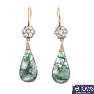 A pair of moss agate and diamond earrings.