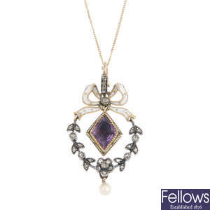 An early 20th century enamel, diamond and gem-set pendant.