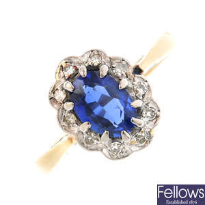A diamond and synthetic sapphire cluster ring.