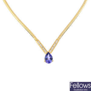 An 18ct gold tanzanite and diamond necklace.