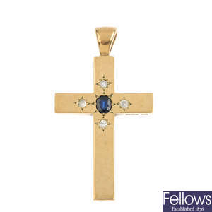 A 9ct gold sapphire and diamond cross pendant.