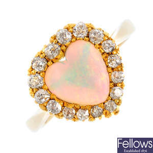 An early 20th century gold, opal and diamond cluster ring.