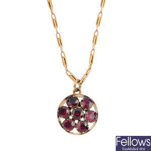 A garnet pendant, with 15ct gold chain.