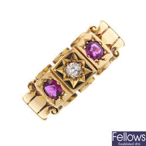 A late Victorian 18ct gold ruby and diamond ring.
