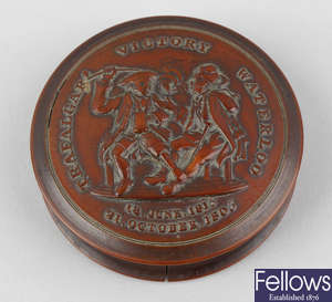 A rare early 19th century commemorative pressed treen box, by Obadiah Westwood of Birmingham.