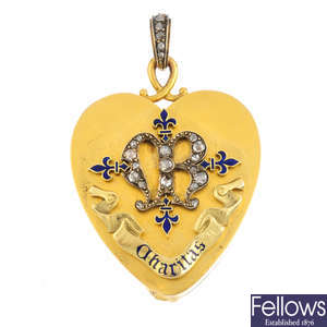 A late Victorian gold diamond and enamel heart locket.