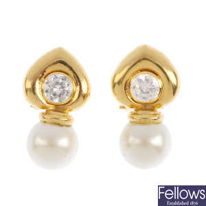 A pair of imitation pearl and cubic zirconia earrings.