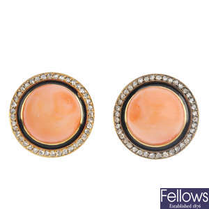 A pair of coral, diamond and enamel earrings.