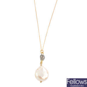 A set of diamond and cultured pearl jewellery.