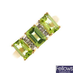 A 9ct gold peridot and diamond ring and a pair of amethyst and peridot earrings.
