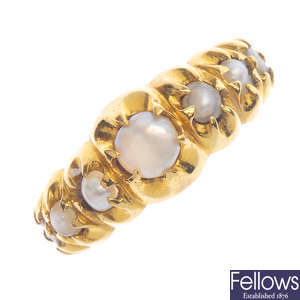 A late Victorian 18ct gold pearl and seed pearl ring.