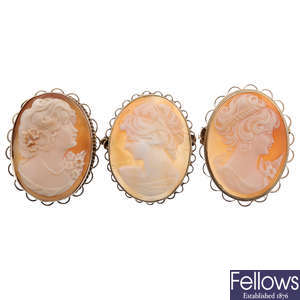 Three 9ct gold cameo brooches.