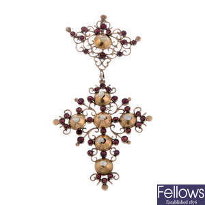 A mid to late 18th century garnet and pearl cross pendant. 
