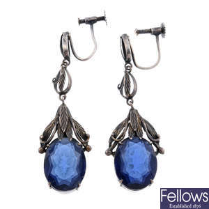 BERNARD INSTONE (attributed to) - a pair of silver blue paste earrings.