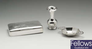 A selection of items to include a 1920's silver mounted table cigarette box, a 1930's silver quaich, etc.