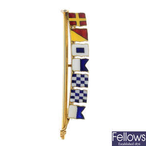 An early 20th century 9ct gold enamel signal flags brooch.