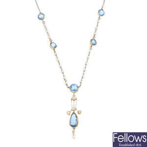 An early 20th century aquamarine and pearl necklace.