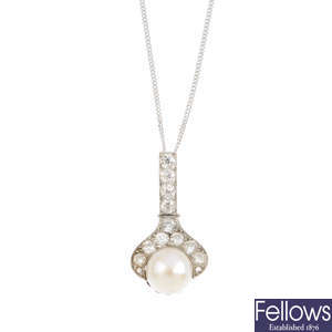 A split pearl and diamond pendant, with chain.