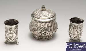 A late 19th century continental silver small cup & cover & pair of match holders & a modern Italian cup & cover.