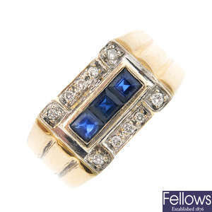 A gentleman's 14ct gold sapphire and diamond signet ring.