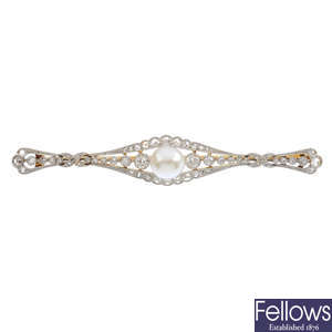 A mid 20th century pearl and diamond brooch.