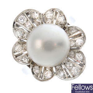 A cultured pearl and diamond floral ring.
