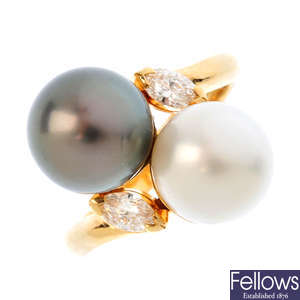 A cultured pearl and diamond crossover ring.