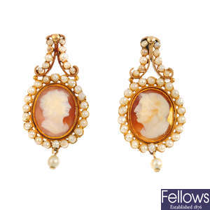 A pair of late Georgian shell cameo and seed pearl earrings.