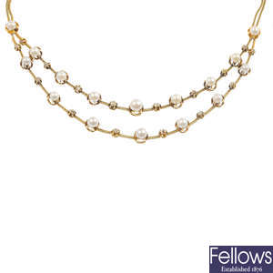 A late Victorian gold, cultured pearl and diamond necklace.