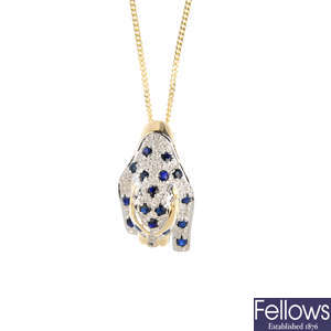 A 9ct gold sapphire and diamond pendant, with chain.