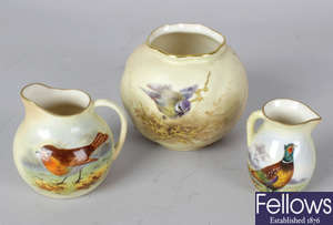 A group of seven Worcester bird-painted blush ivory porcelain items